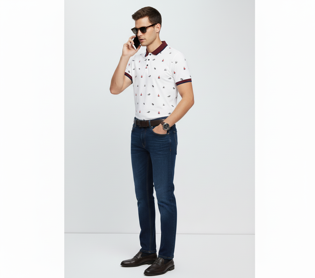 Men’s White Printed Polo Shirt with Maroon Collar