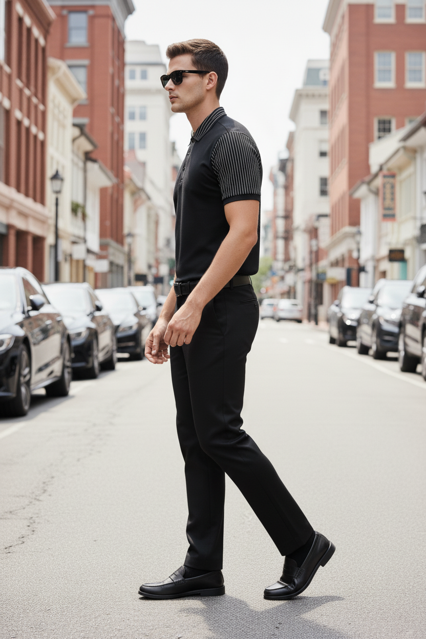 Men’s Black Polo Shirt with Striped Collar