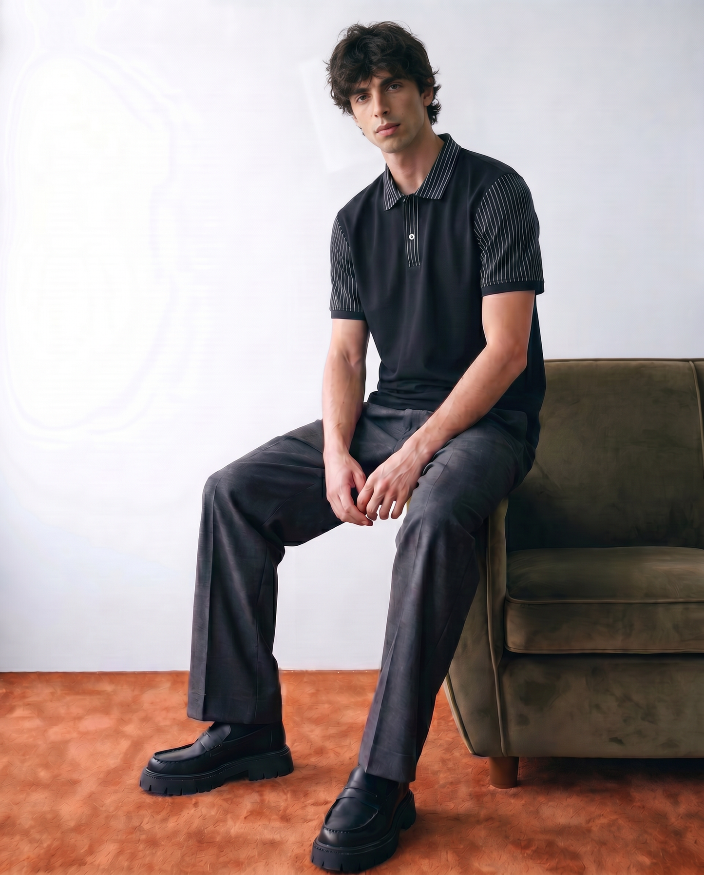 Men’s Black Polo Shirt with Striped Collar