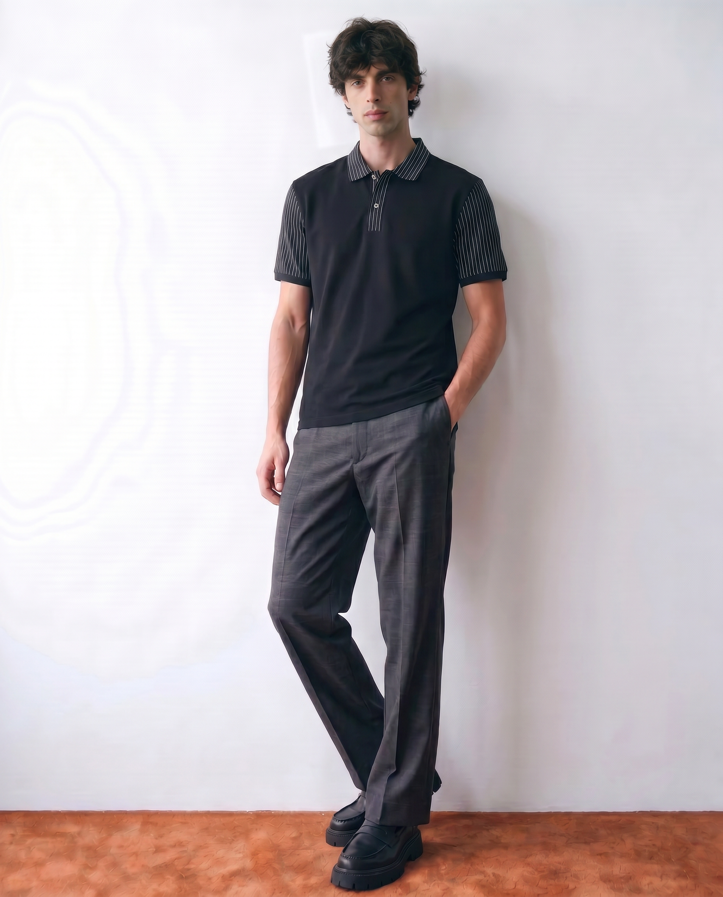 Men’s Black Polo Shirt with Striped Collar