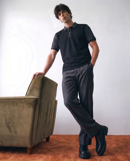 Men’s Black Polo Shirt with Striped Collar