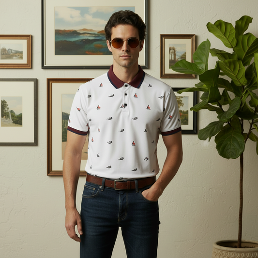 Men’s White Printed Polo Shirt with Maroon Collar