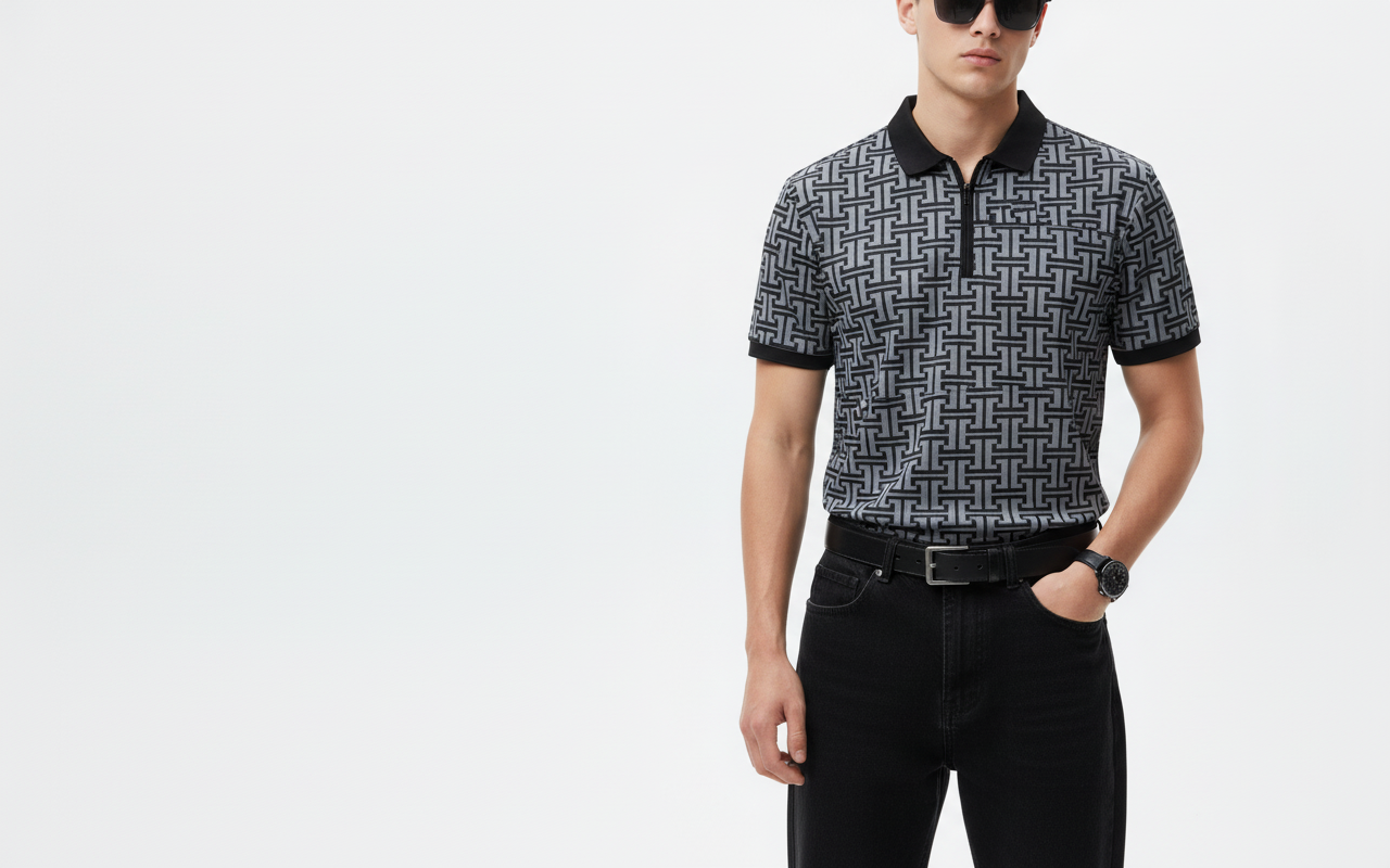 Men’s Grey Patterned Polo Shirt