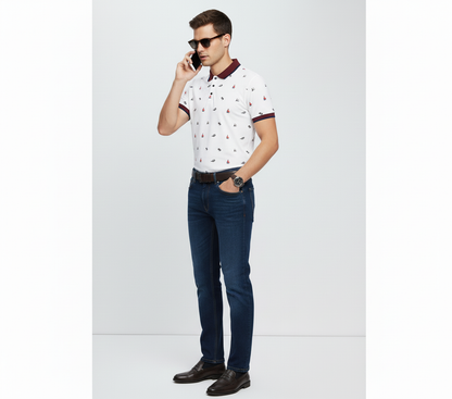 Men’s White Printed Polo Shirt with Maroon Collar