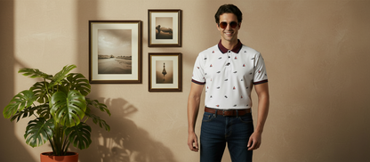 Men’s White Printed Polo Shirt with Maroon Collar