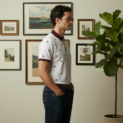 Men’s White Printed Polo Shirt with Maroon Collar