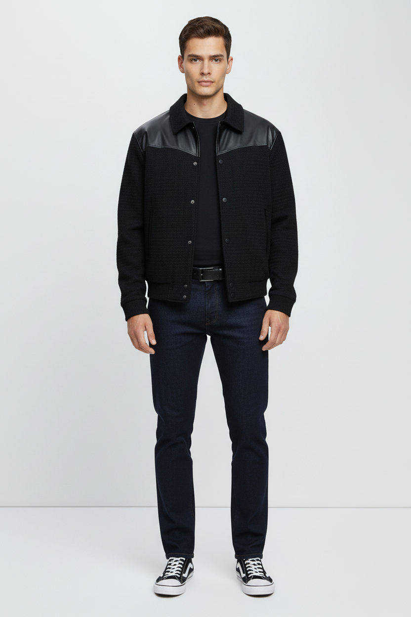 Modern Tweed Black Jacket with Leather Trim