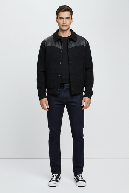 Modern Tweed Black Jacket with Leather Trim