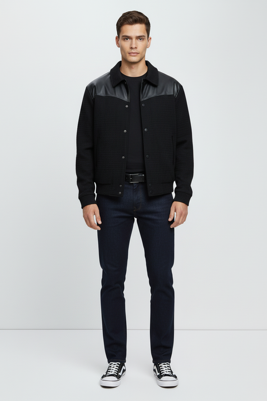 Modern Tweed Black Jacket with Leather Trim