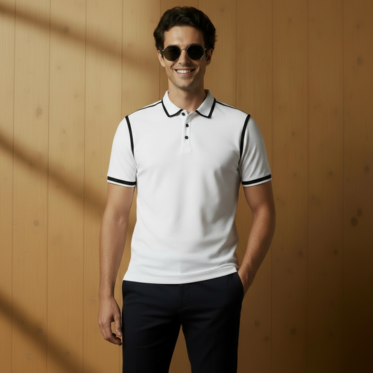 Men’s White Polo Shirt with Black Contrast Tipping