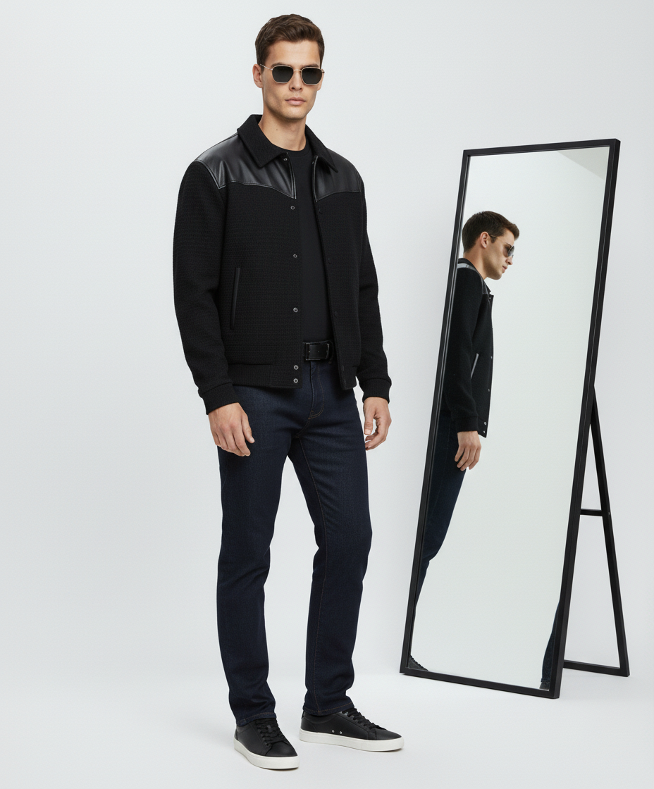 Modern Tweed Black Jacket with Leather Trim