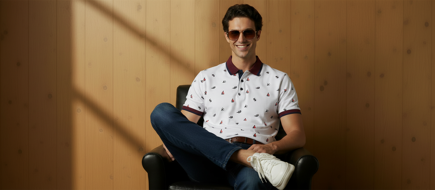 Men’s White Printed Polo Shirt with Maroon Collar