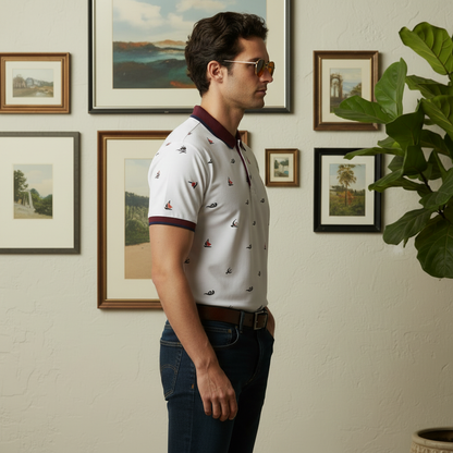 Men’s White Printed Polo Shirt with Maroon Collar