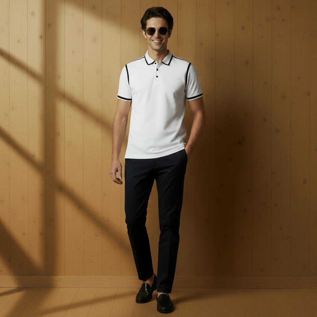 Men’s White Polo Shirt with Black Contrast Tipping