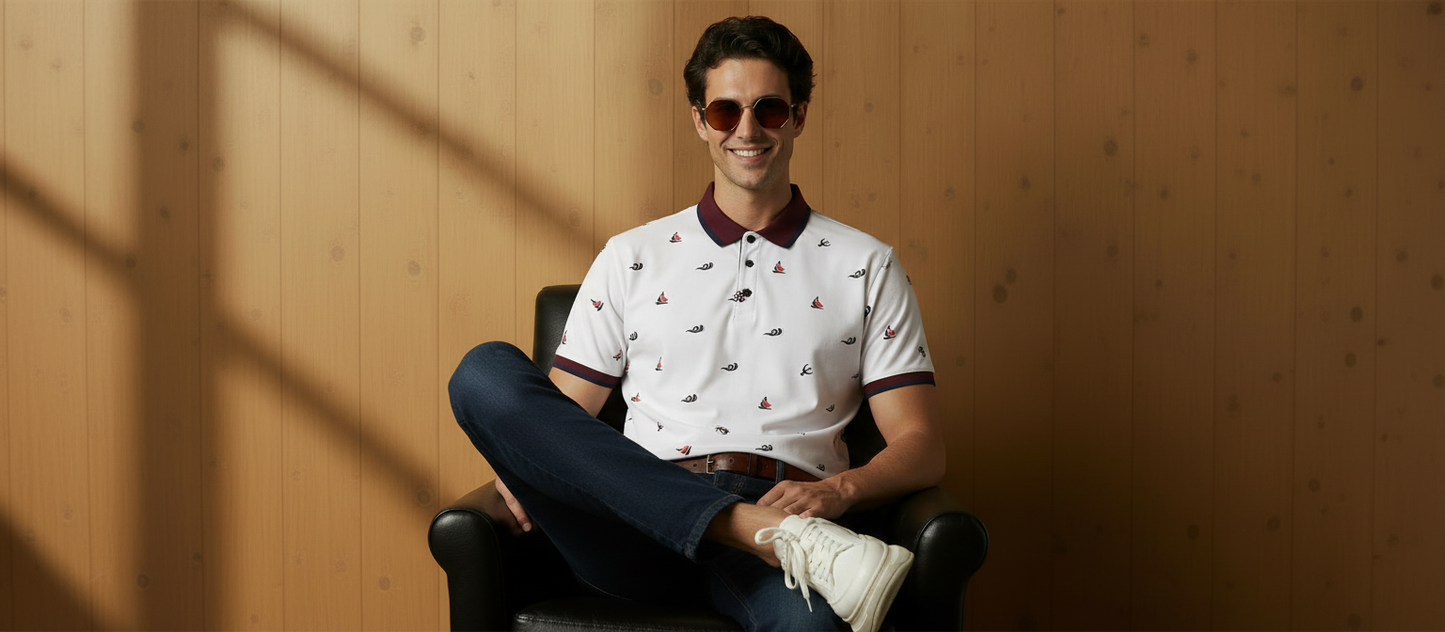Men’s White Printed Polo Shirt with Maroon Collar