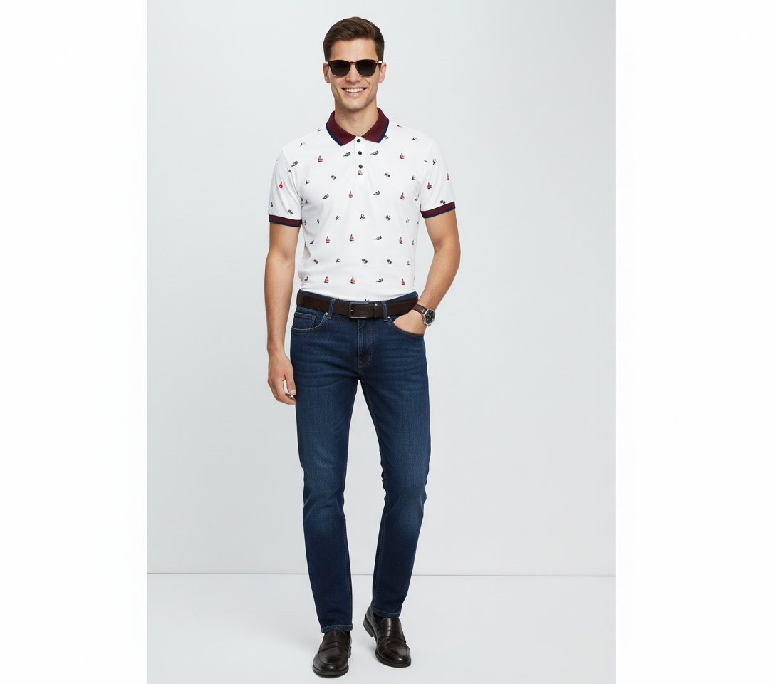 Men’s White Printed Polo Shirt with Maroon Collar