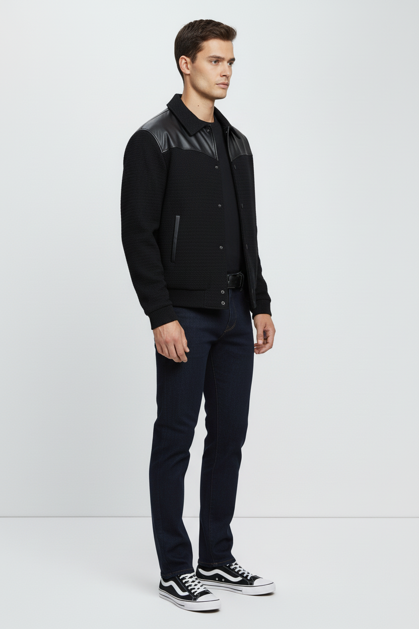 Modern Tweed Black Jacket with Leather Trim