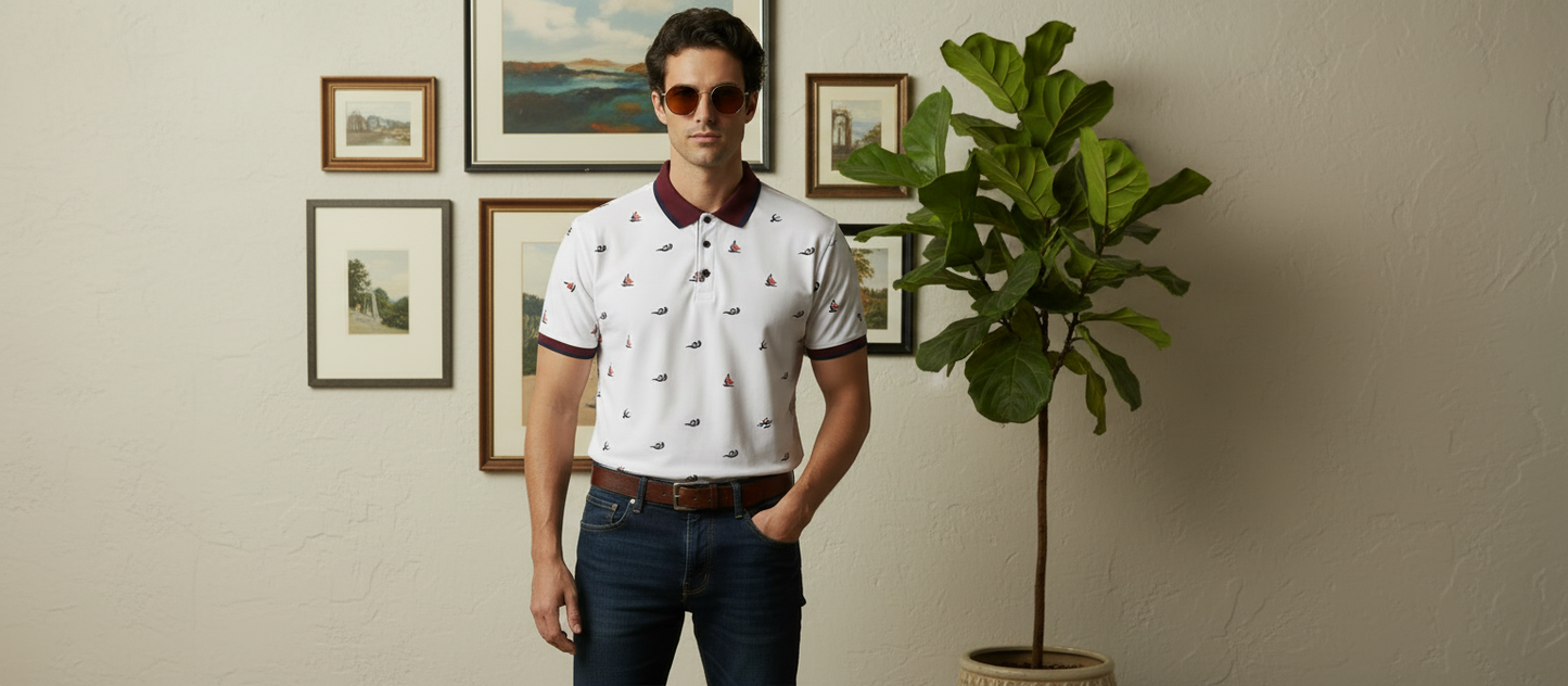 Men’s White Printed Polo Shirt with Maroon Collar