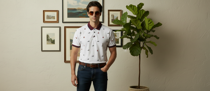 Men’s White Printed Polo Shirt with Maroon Collar