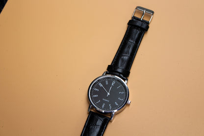 Black Silver Leather Strap Watch