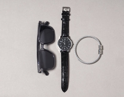 Black Silver Leather Strap Watch