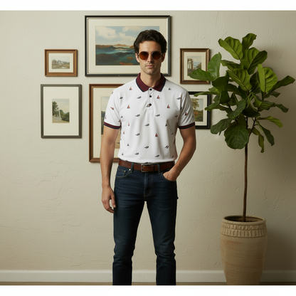 Men’s White Printed Polo Shirt with Maroon Collar