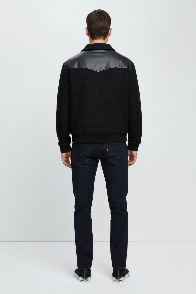 Modern Tweed Black Jacket with Leather Trim