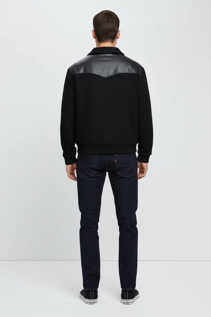 Modern Tweed Black Jacket with Leather Trim