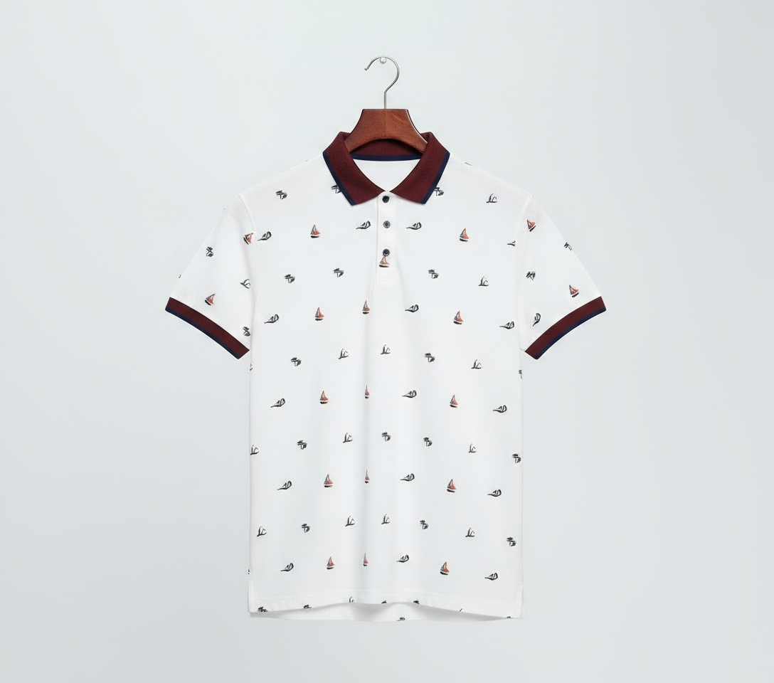 Men’s White Printed Polo Shirt with Maroon Collar