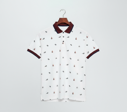 Men’s White Printed Polo Shirt with Maroon Collar
