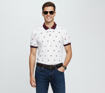 Men’s White Printed Polo Shirt with Maroon Collar