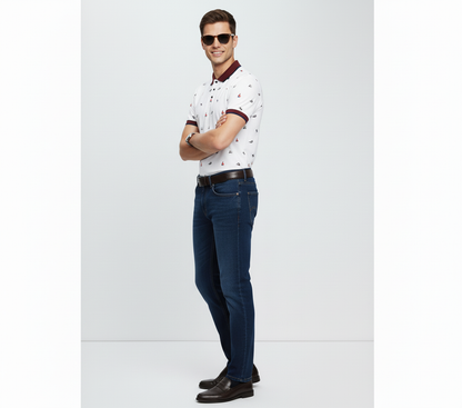 Men’s White Printed Polo Shirt with Maroon Collar