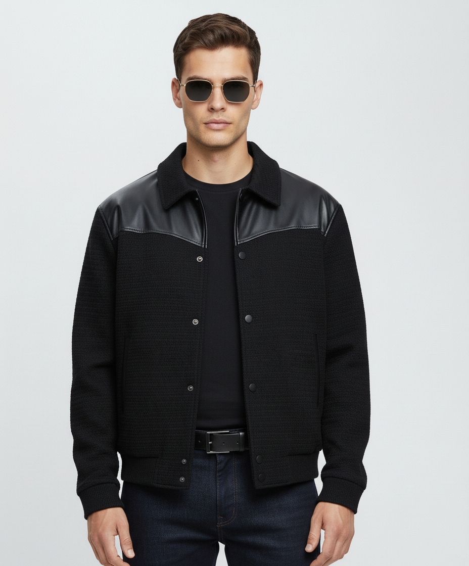 Modern Tweed Black Jacket with Leather Trim