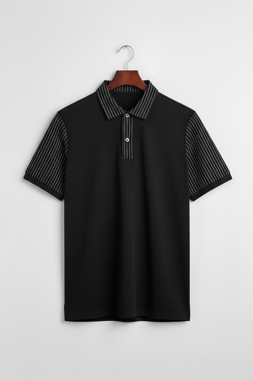 Men’s Black Polo Shirt with Striped Collar