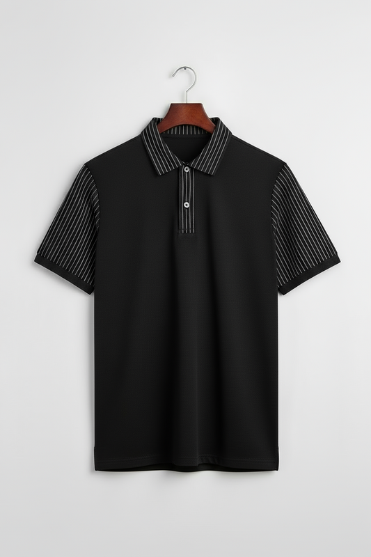 Men’s Black Polo Shirt with Striped Collar