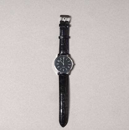 Black Silver Leather Strap Watch